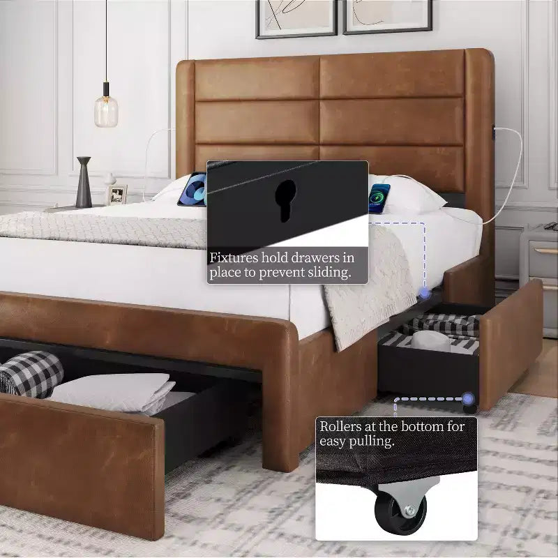 Yaheetech Upholstered Bed Frame with 3 Storage Drawers and Built-In USB Ports