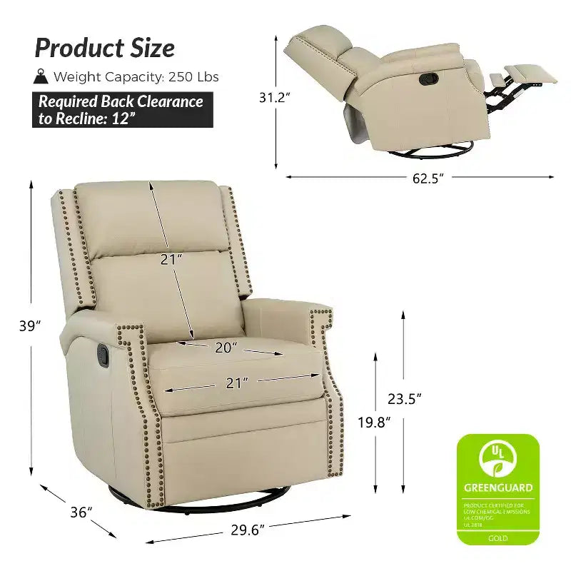 Favonius Genuine Leather Swivel Rocker Recliner with Nailhead Trim for Bedroom and Living Room Set of 2| ART OF LIVING DESIGNS