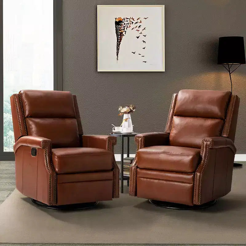 Favonius Genuine Leather Swivel Rocker Recliner with Nailhead Trim for Bedroom and Living Room Set of 2| ART OF LIVING DESIGNS