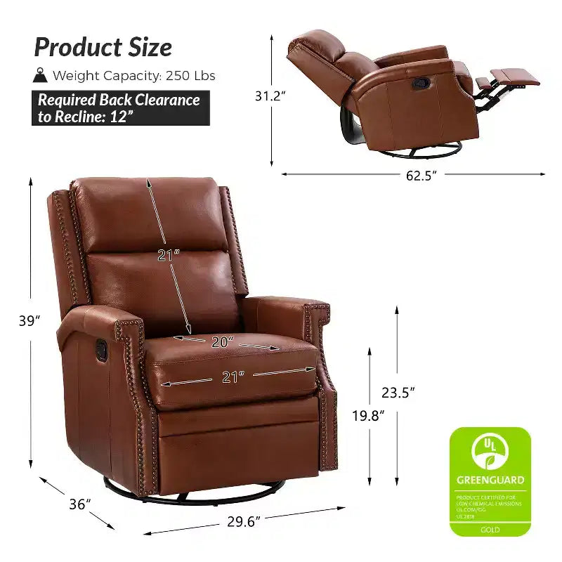 Favonius Genuine Leather Swivel Rocker Recliner with Nailhead Trim for Bedroom and Living Room Set of 2| ART OF LIVING DESIGNS