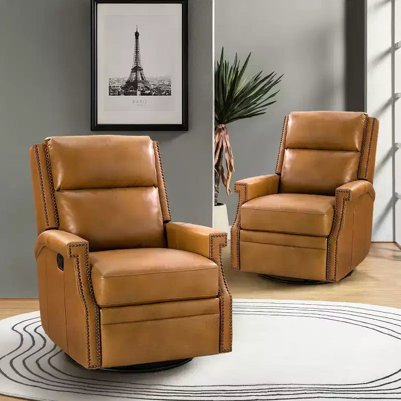 Favonius Genuine Leather Swivel Rocker Recliner with Nailhead Trim for Bedroom and Living Room Set of 2| ART OF LIVING DESIGNS