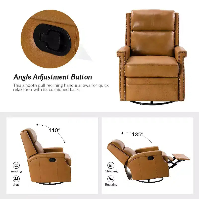Favonius Genuine Leather Swivel Rocker Recliner with Nailhead Trim for Bedroom and Living Room Set of 2| ART OF LIVING DESIGNS