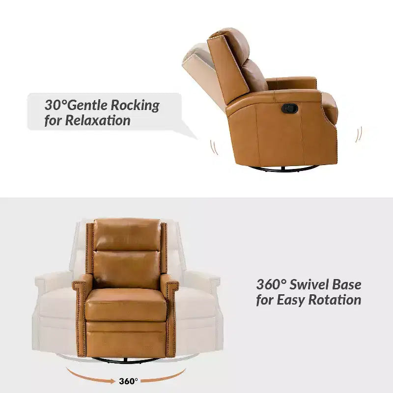 Favonius Genuine Leather Swivel Rocker Recliner with Nailhead Trim for Bedroom and Living Room Set of 2| ART OF LIVING DESIGNS