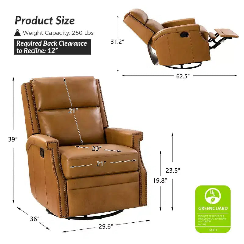 Favonius Genuine Leather Swivel Rocker Recliner with Nailhead Trim for Bedroom and Living Room Set of 2| ART OF LIVING DESIGNS