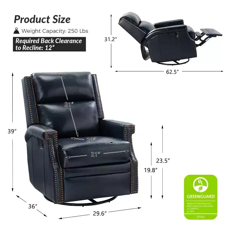 Favonius Genuine Leather Swivel Rocker Recliner with Nailhead Trim for Bedroom and Living Room Set of 2| ART OF LIVING DESIGNS