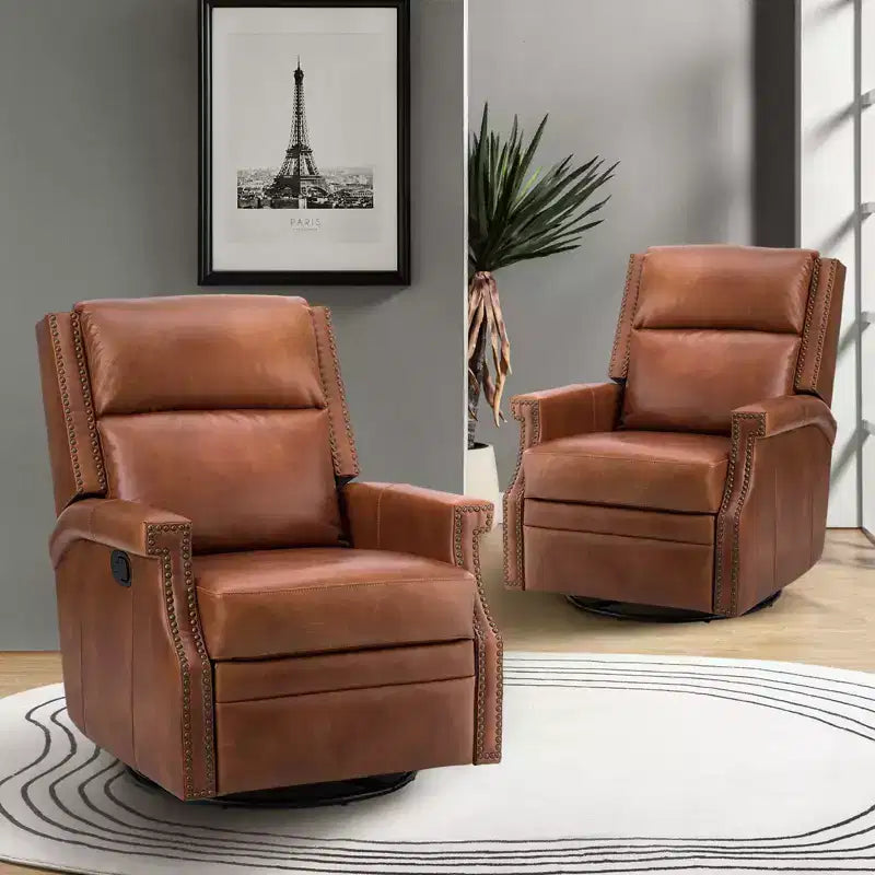 Favonius Genuine Leather Swivel Rocker Recliner with Nailhead Trim for Bedroom and Living Room Set of 2| ART OF LIVING DESIGNS