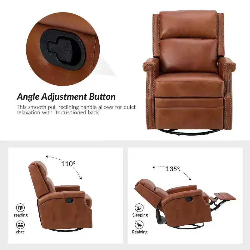 Favonius Genuine Leather Swivel Rocker Recliner with Nailhead Trim for Bedroom and Living Room Set of 2| ART OF LIVING DESIGNS