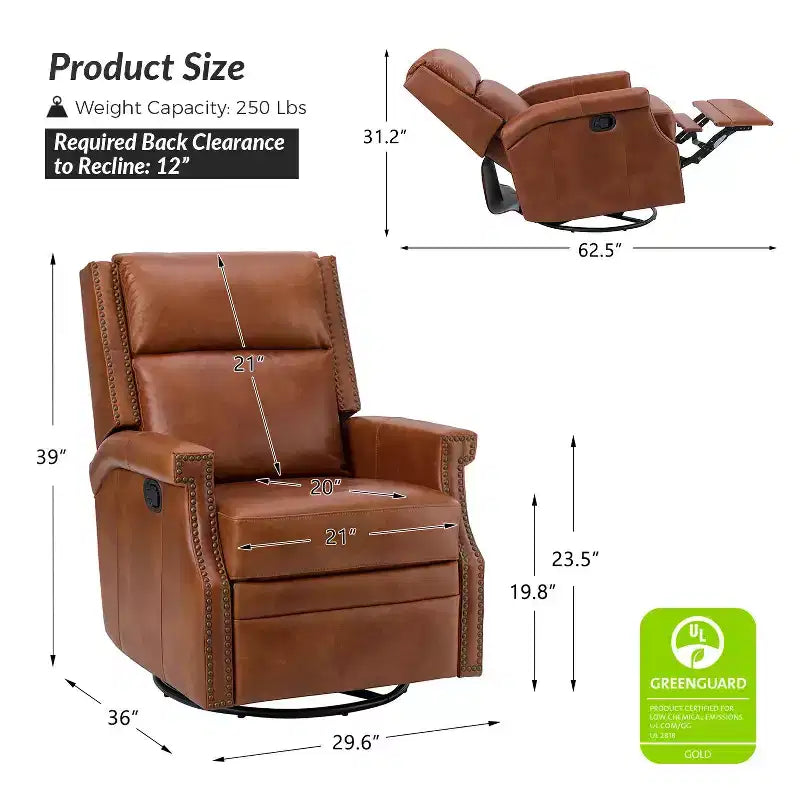 Favonius Genuine Leather Swivel Rocker Recliner with Nailhead Trim for Bedroom and Living Room Set of 2| ART OF LIVING DESIGNS