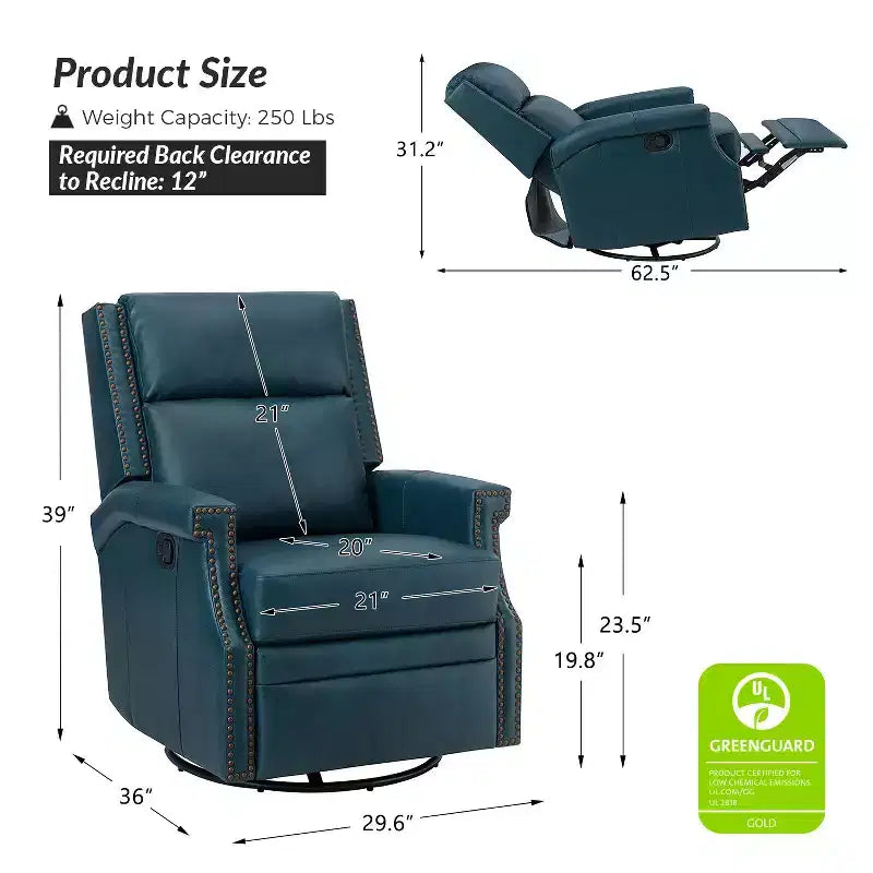 Favonius Genuine Leather Swivel Rocker Recliner with Nailhead Trim for Bedroom and Living Room Set of 2| ART OF LIVING DESIGNS