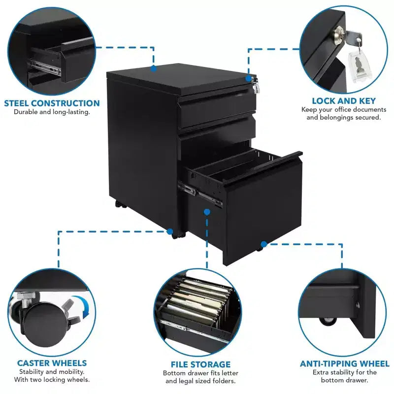 Mount-It! 3 Drawer Cabinet for Under Desk with Wheels | Rolling Storage with Lock for Files & Materials, Mobile Space Saving for Home & Office - Black