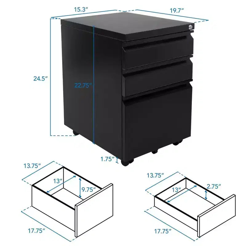 Mount-It! 3 Drawer Cabinet for Under Desk with Wheels | Rolling Storage with Lock for Files & Materials, Mobile Space Saving for Home & Office - Black