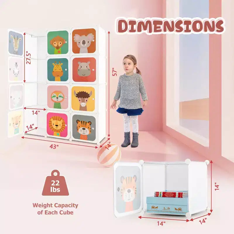 Costway 12-Cube Kids Wardrobe Baby Dresser Bedroom Armoire Clothes Hanging Closet with Door