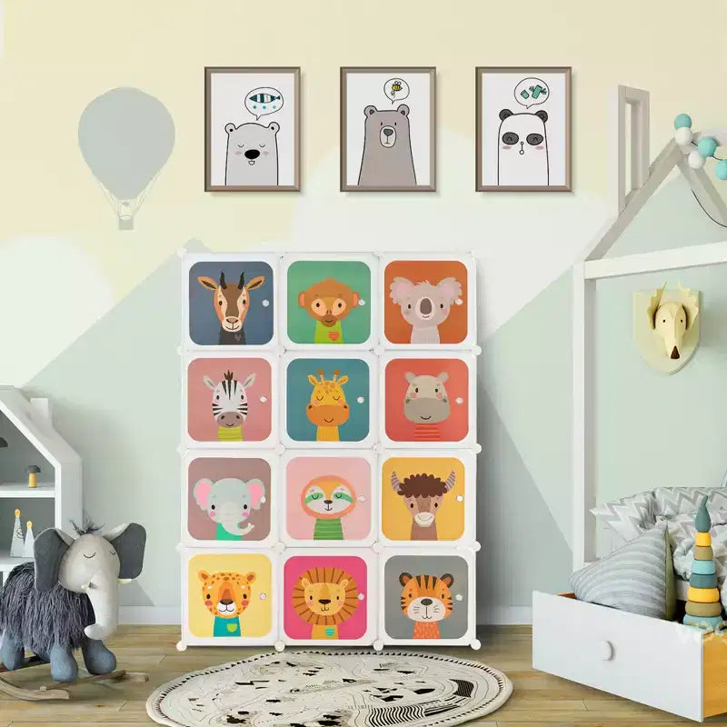 Costway 12-Cube Kids Wardrobe Baby Dresser Bedroom Armoire Clothes Hanging Closet with Door