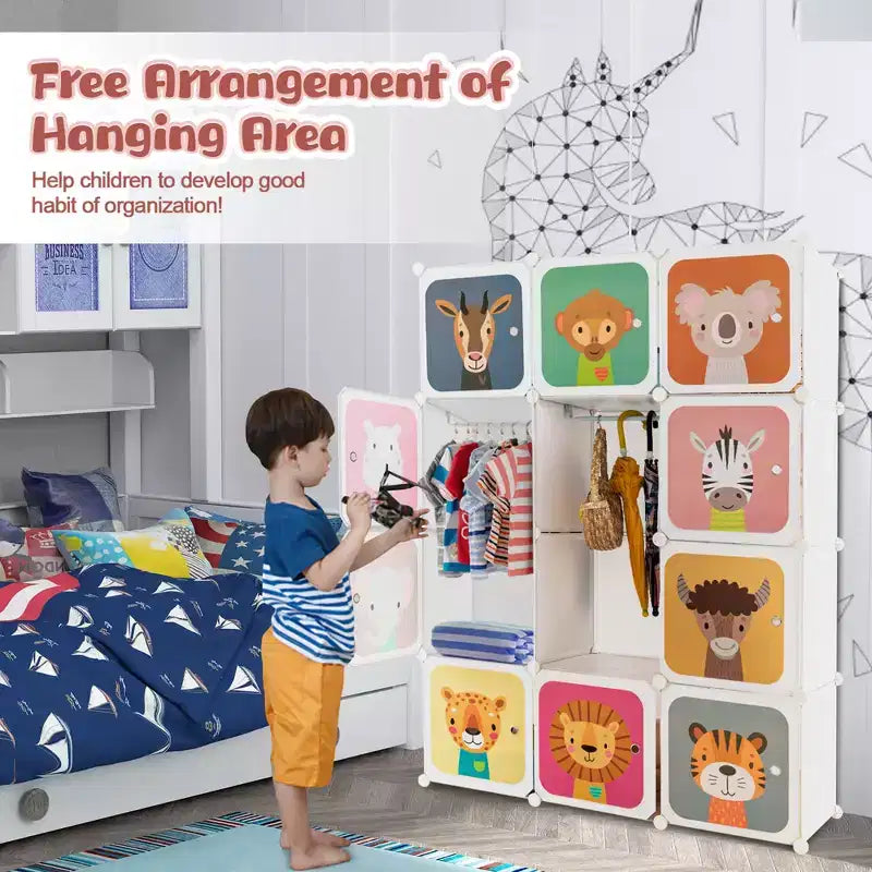 Costway 12-Cube Kids Wardrobe Baby Dresser Bedroom Armoire Clothes Hanging Closet with Door