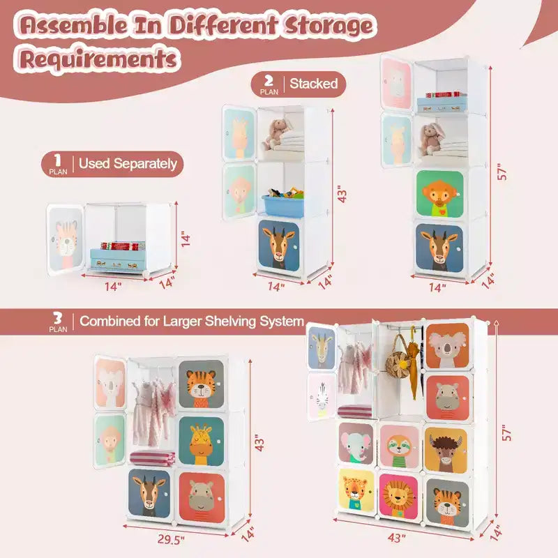 Costway 12-Cube Kids Wardrobe Baby Dresser Bedroom Armoire Clothes Hanging Closet with Door