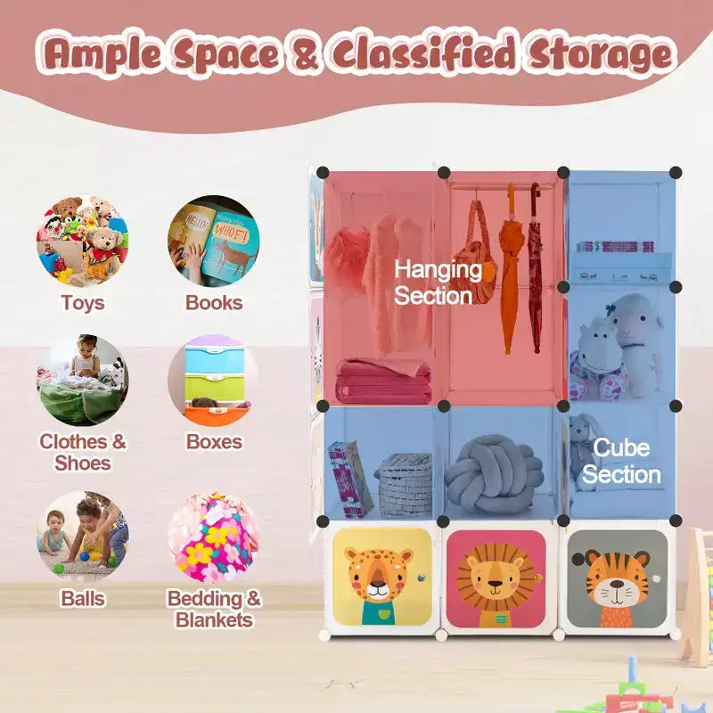 Costway 12-Cube Kids Wardrobe Baby Dresser Bedroom Armoire Clothes Hanging Closet with Door