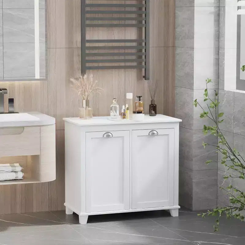 HOMCOM Tilt-Out Laundry Sorter Cabinet, Bathroom Storage Organizer with Two-Compartment Tilt-Out Hamper