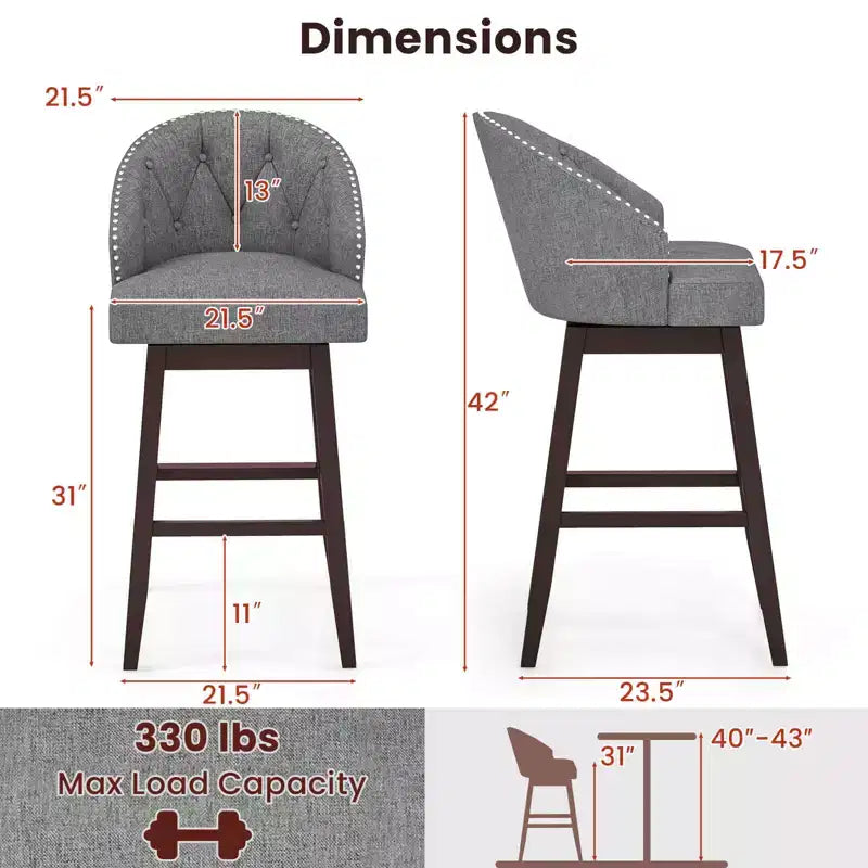 Costway Set of 4 Swivel Bar Stools Tufted Bar Height Pub Chairs with Rubber Wood Legs Grey/Beige