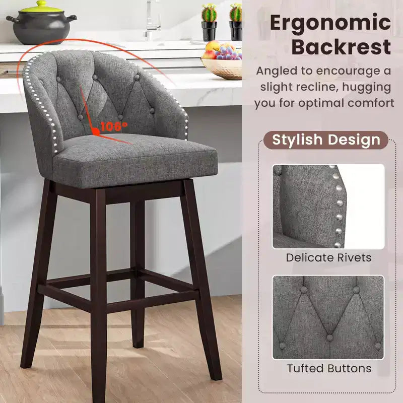 Costway Set of 4 Swivel Bar Stools Tufted Bar Height Pub Chairs with Rubber Wood Legs Grey/Beige