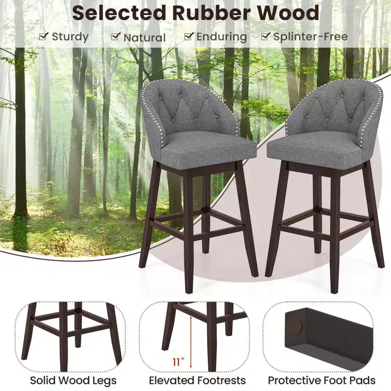 Costway Set of 4 Swivel Bar Stools Tufted Bar Height Pub Chairs with Rubber Wood Legs Grey/Beige