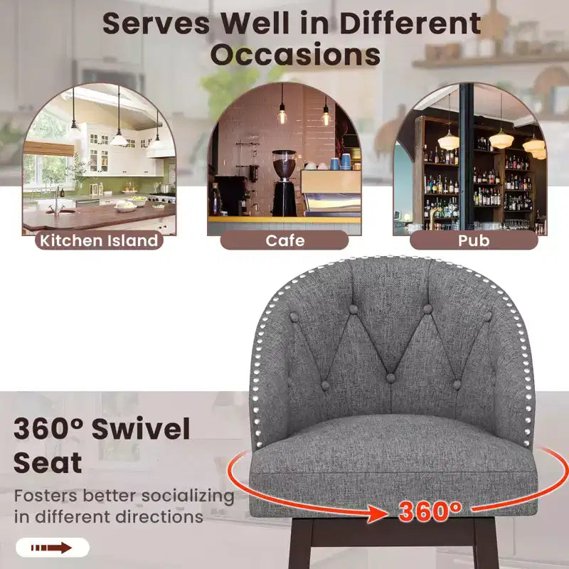 Costway Set of 4 Swivel Bar Stools Tufted Bar Height Pub Chairs with Rubber Wood Legs Grey/Beige