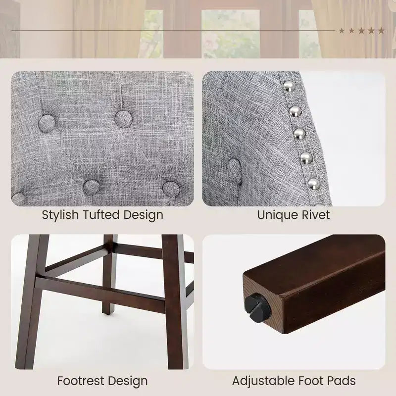 Costway Set of 4 Swivel Bar Stools Tufted Bar Height Pub Chairs with Rubber Wood Legs Grey/Beige
