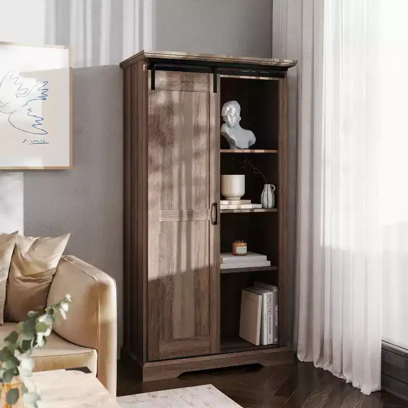Emma and Oliver Farmhouse Storage Cabinet with Sliding Barn Door, Adjustable Height and Fixed Shelving
