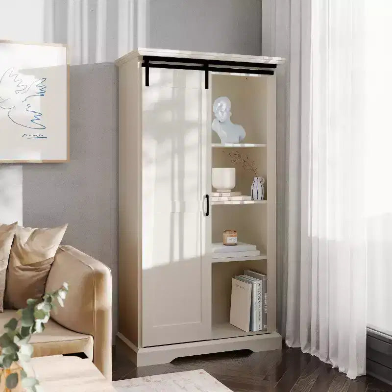 Emma and Oliver Farmhouse Storage Cabinet with Sliding Barn Door, Adjustable Height and Fixed Shelving
