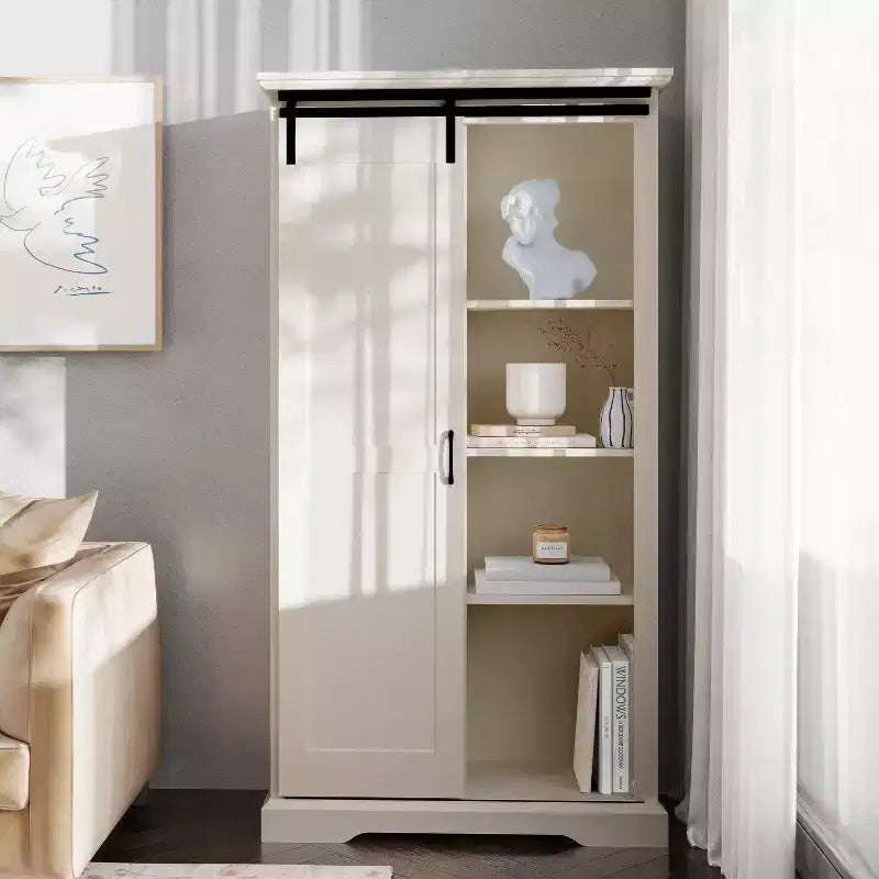 Emma and Oliver Farmhouse Storage Cabinet with Sliding Barn Door, Adjustable Height and Fixed Shelving