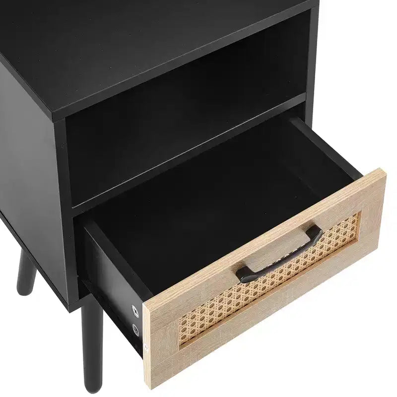 15.75 Rattan End table with Drawer and Solid Wood Legs, Modern Nightstand, Side Table for Living Roon, Bedroom-ModernLuxe
