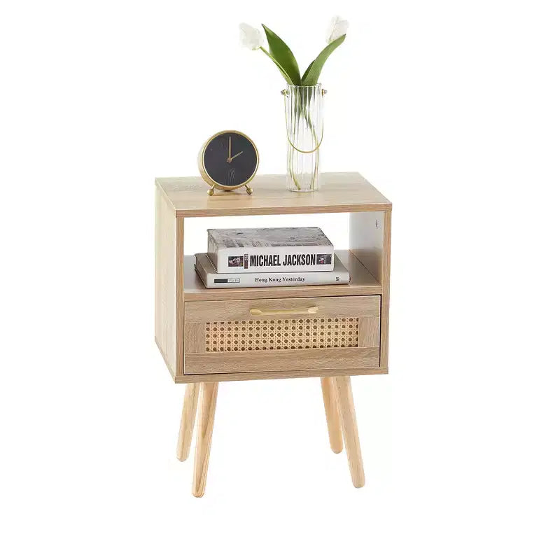 15.75 Rattan End table with Drawer and Solid Wood Legs, Modern Nightstand, Side Table for Living Roon, Bedroom-ModernLuxe