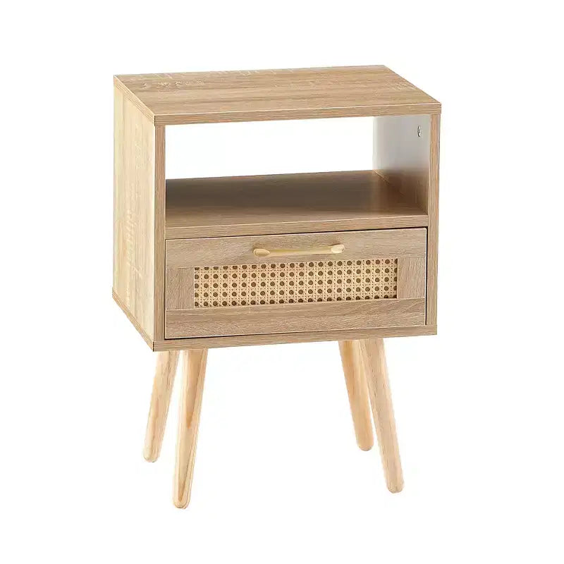 15.75 Rattan End table with Drawer and Solid Wood Legs, Modern Nightstand, Side Table for Living Roon, Bedroom-ModernLuxe