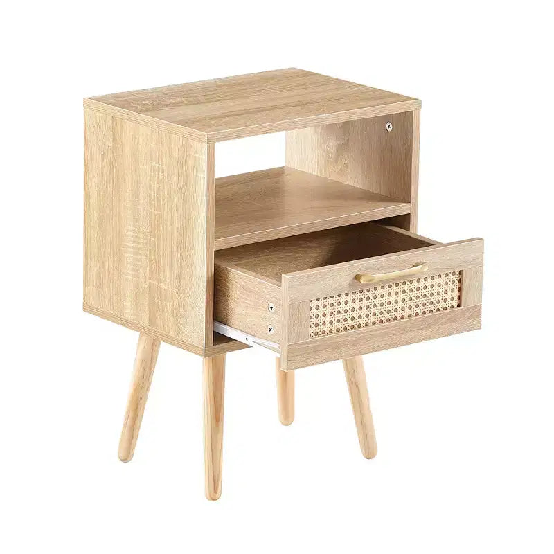 15.75 Rattan End table with Drawer and Solid Wood Legs, Modern Nightstand, Side Table for Living Roon, Bedroom-ModernLuxe