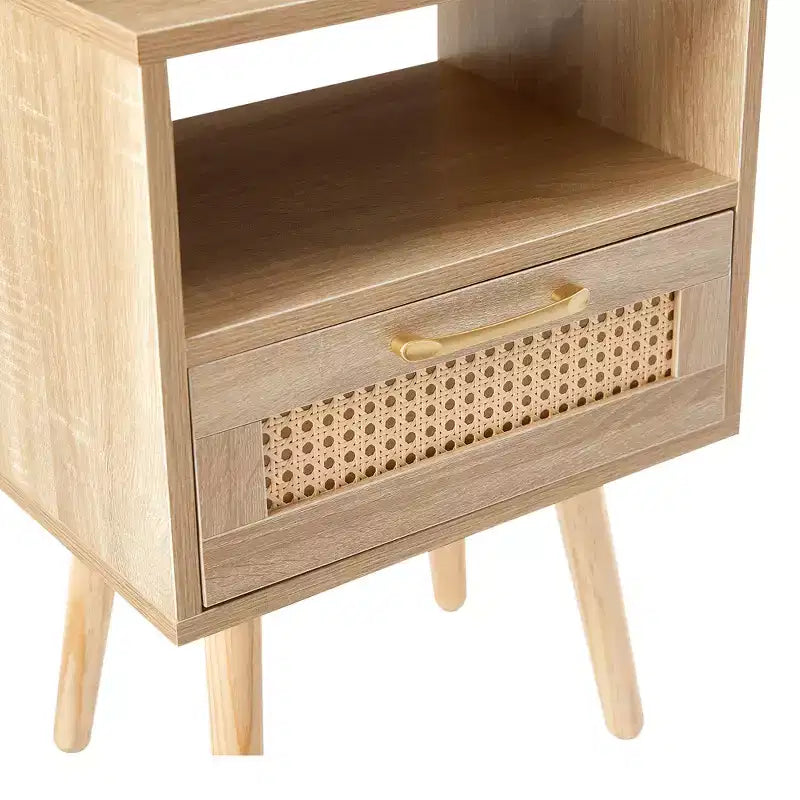 15.75 Rattan End table with Drawer and Solid Wood Legs, Modern Nightstand, Side Table for Living Roon, Bedroom-ModernLuxe