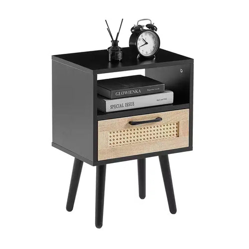 15.75 Rattan End table with Drawer and Solid Wood Legs, Modern Nightstand, Side Table for Living Roon, Bedroom-ModernLuxe