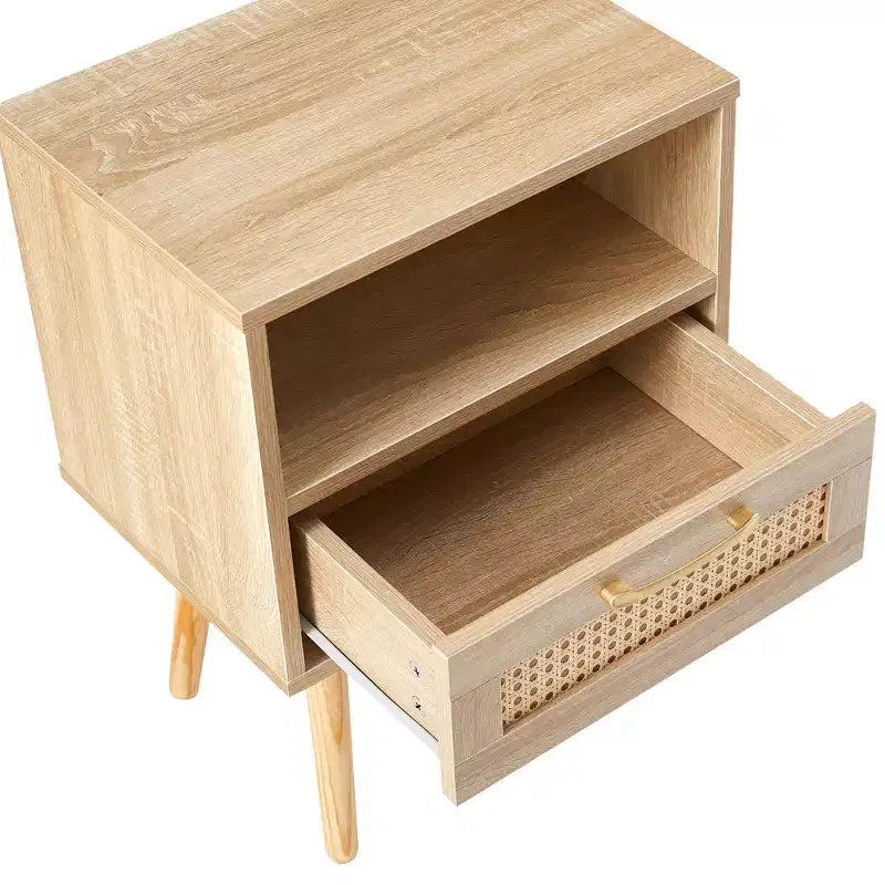 15.75 Rattan End table with Drawer and Solid Wood Legs, Modern Nightstand, Side Table for Living Roon, Bedroom-ModernLuxe