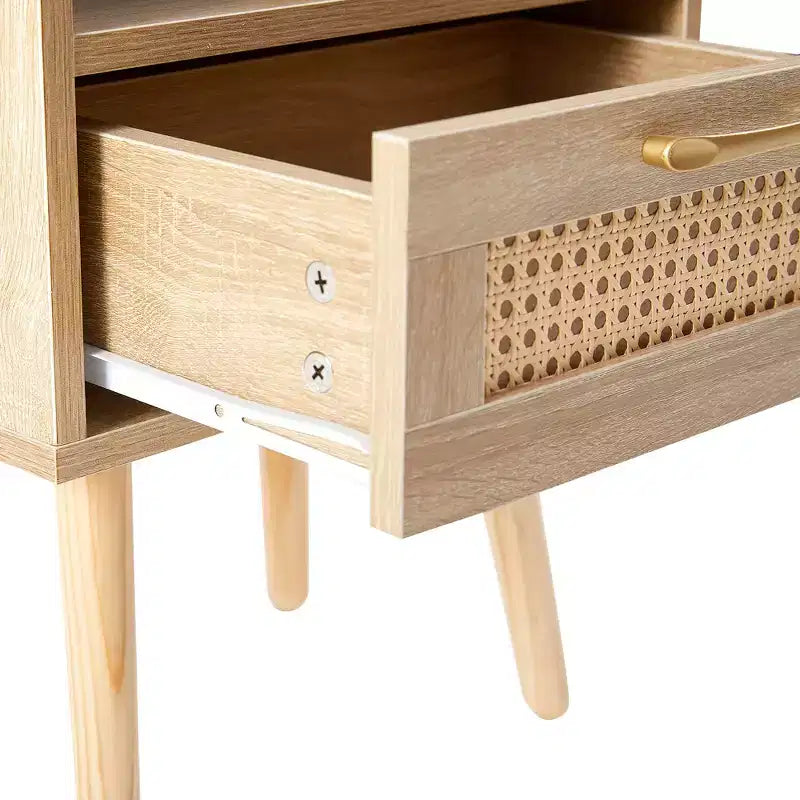 15.75 Rattan End table with Drawer and Solid Wood Legs, Modern Nightstand, Side Table for Living Roon, Bedroom-ModernLuxe