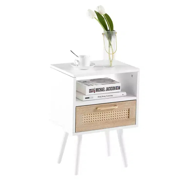 15.75 Rattan End table with Drawer and Solid Wood Legs, Modern Nightstand, Side Table for Living Roon, Bedroom-ModernLuxe