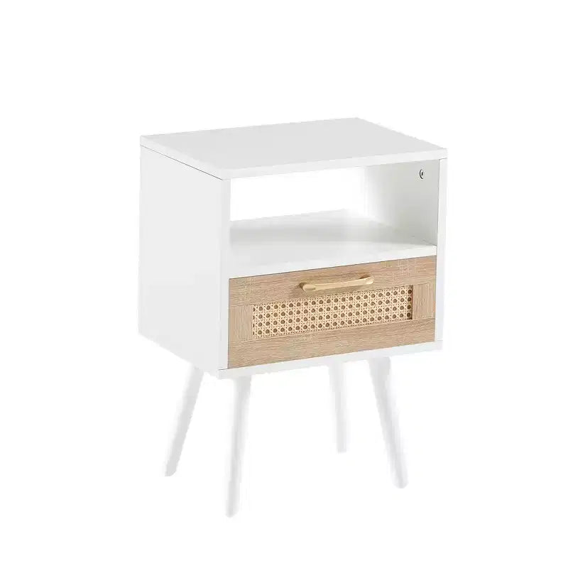 15.75 Rattan End table with Drawer and Solid Wood Legs, Modern Nightstand, Side Table for Living Roon, Bedroom-ModernLuxe