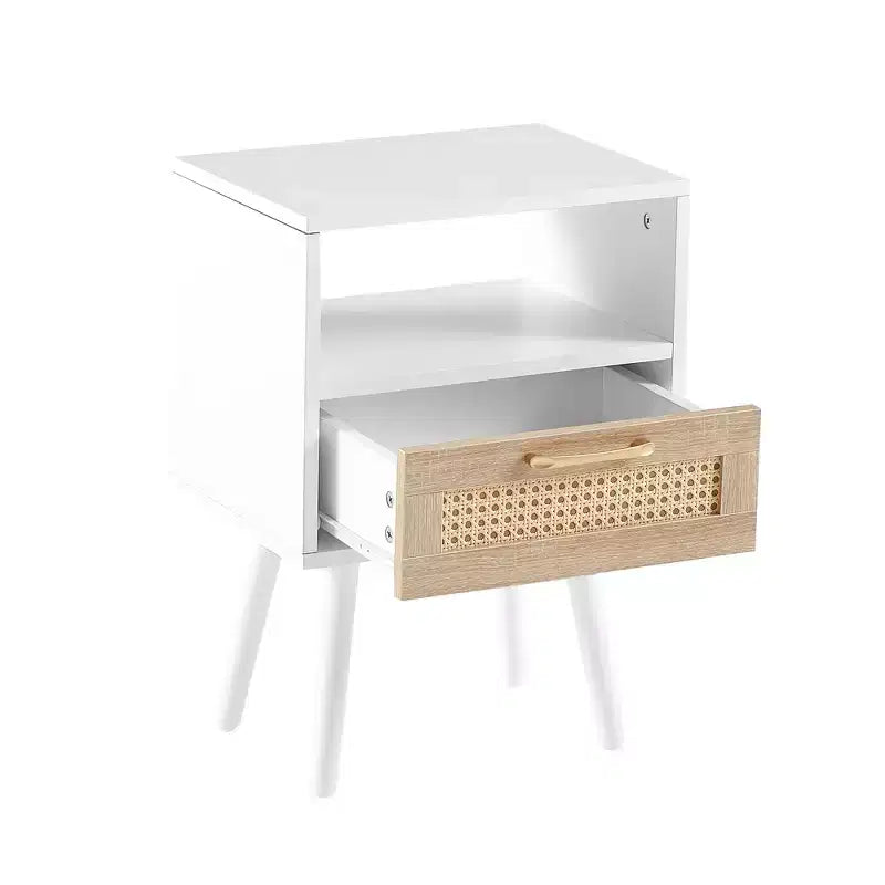 15.75 Rattan End table with Drawer and Solid Wood Legs, Modern Nightstand, Side Table for Living Roon, Bedroom-ModernLuxe