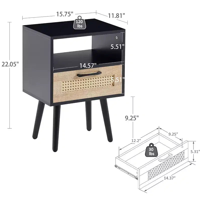 15.75 Rattan End table with Drawer and Solid Wood Legs, Modern Nightstand, Side Table for Living Roon, Bedroom-ModernLuxe