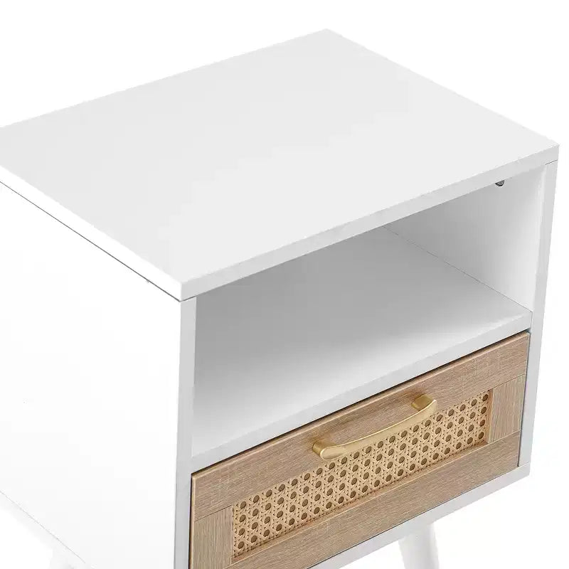 15.75 Rattan End table with Drawer and Solid Wood Legs, Modern Nightstand, Side Table for Living Roon, Bedroom-ModernLuxe