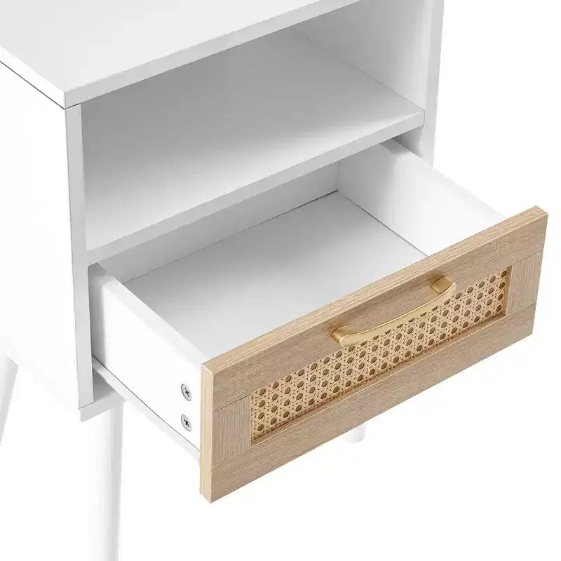 15.75 Rattan End table with Drawer and Solid Wood Legs, Modern Nightstand, Side Table for Living Roon, Bedroom-ModernLuxe