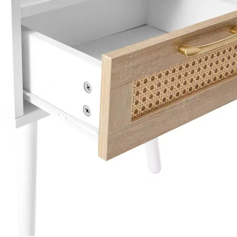 15.75 Rattan End table with Drawer and Solid Wood Legs, Modern Nightstand, Side Table for Living Roon, Bedroom-ModernLuxe
