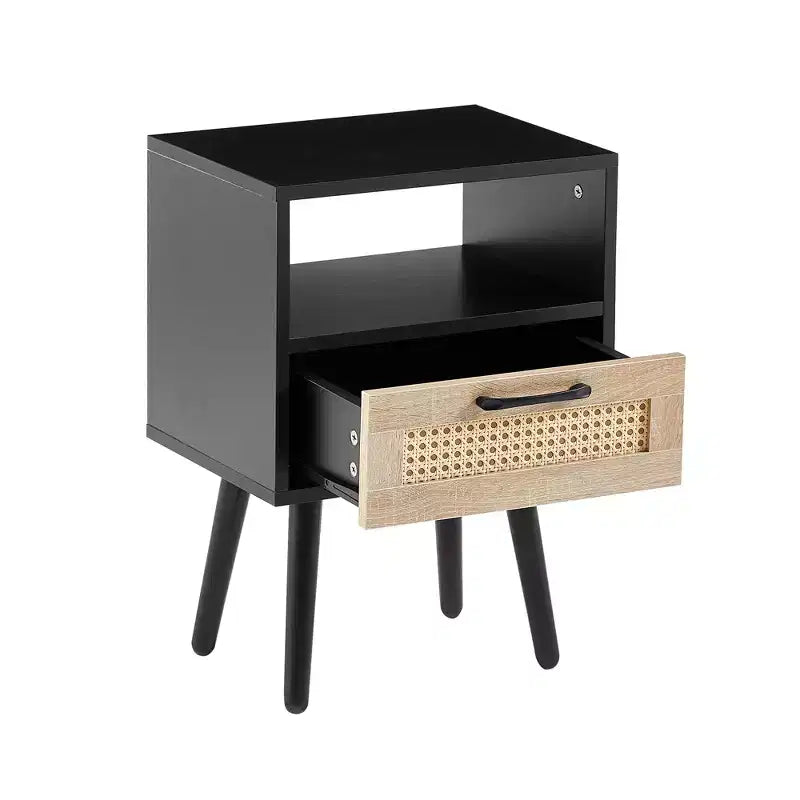 15.75 Rattan End table with Drawer and Solid Wood Legs, Modern Nightstand, Side Table for Living Roon, Bedroom-ModernLuxe