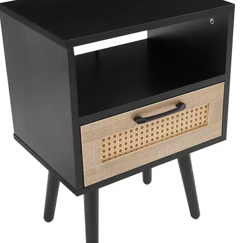 15.75 Rattan End table with Drawer and Solid Wood Legs, Modern Nightstand, Side Table for Living Roon, Bedroom-ModernLuxe
