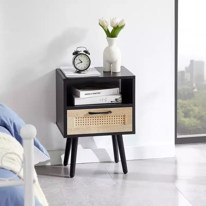 15.75 Rattan End table with Drawer and Solid Wood Legs, Modern Nightstand, Side Table for Living Roon, Bedroom-ModernLuxe