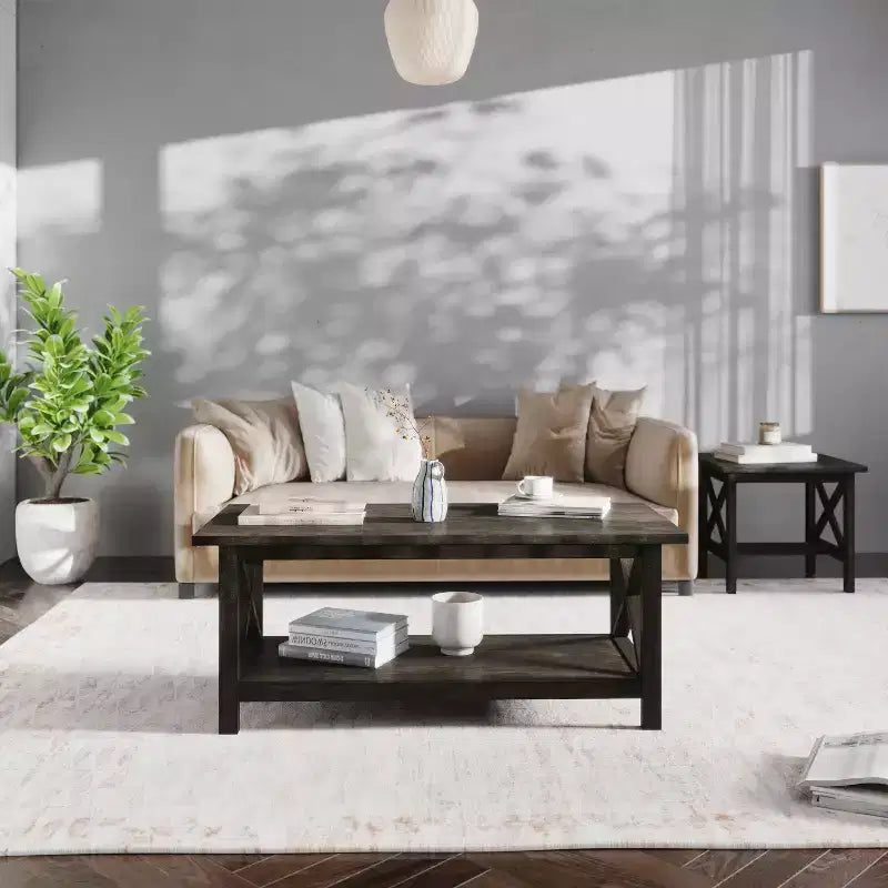 Emma and Oliver Solid Wood Farmhouse Style Coffee Table with Storage Shelf