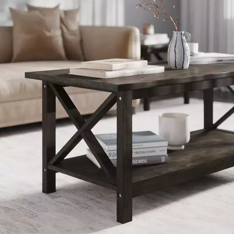 Emma and Oliver Solid Wood Farmhouse Style Coffee Table with Storage Shelf
