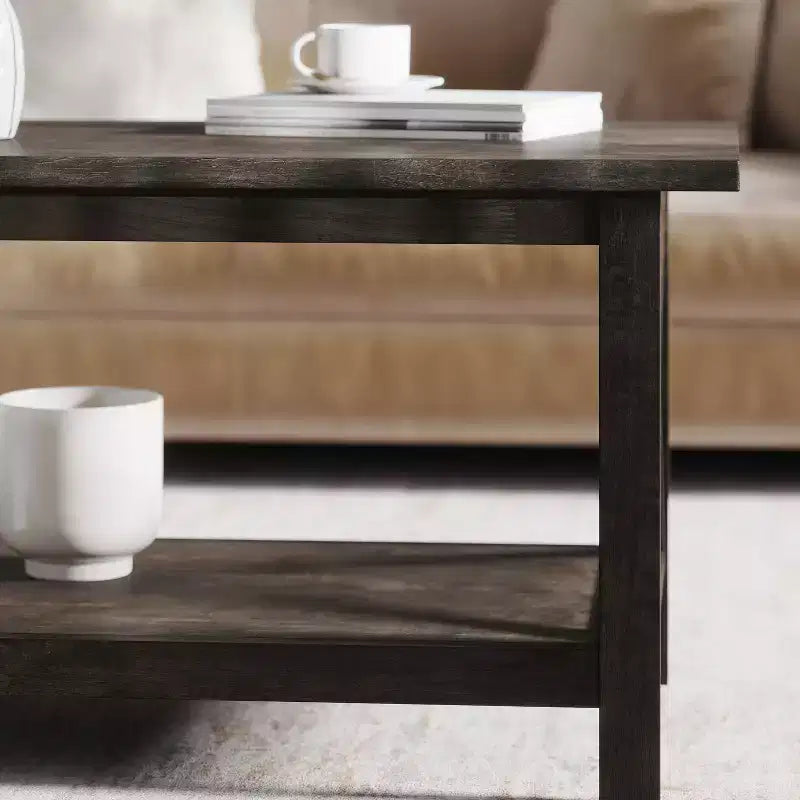 Emma and Oliver Solid Wood Farmhouse Style Coffee Table with Storage Shelf